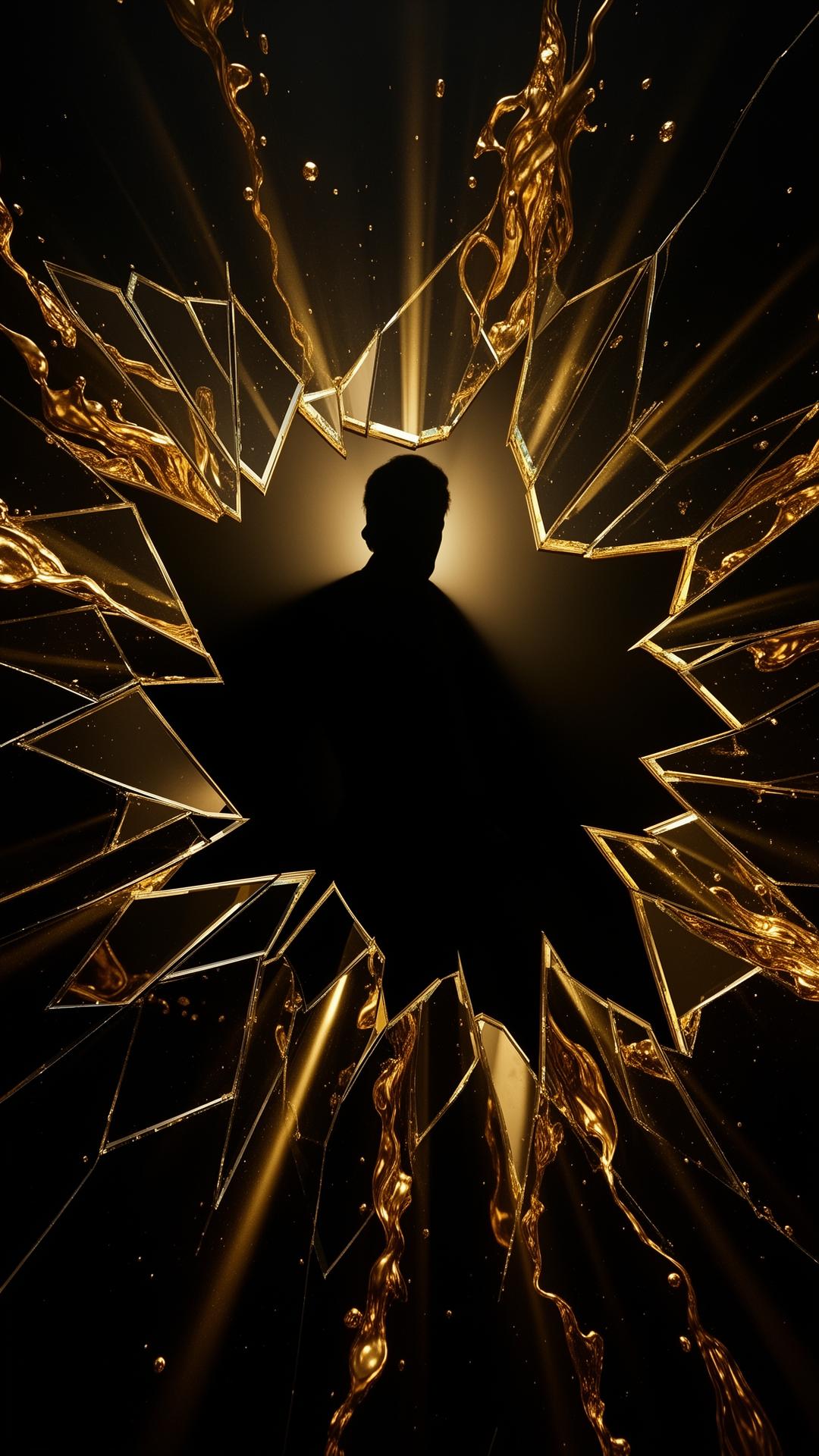 A silhouette reflected in shards of a golden mirror